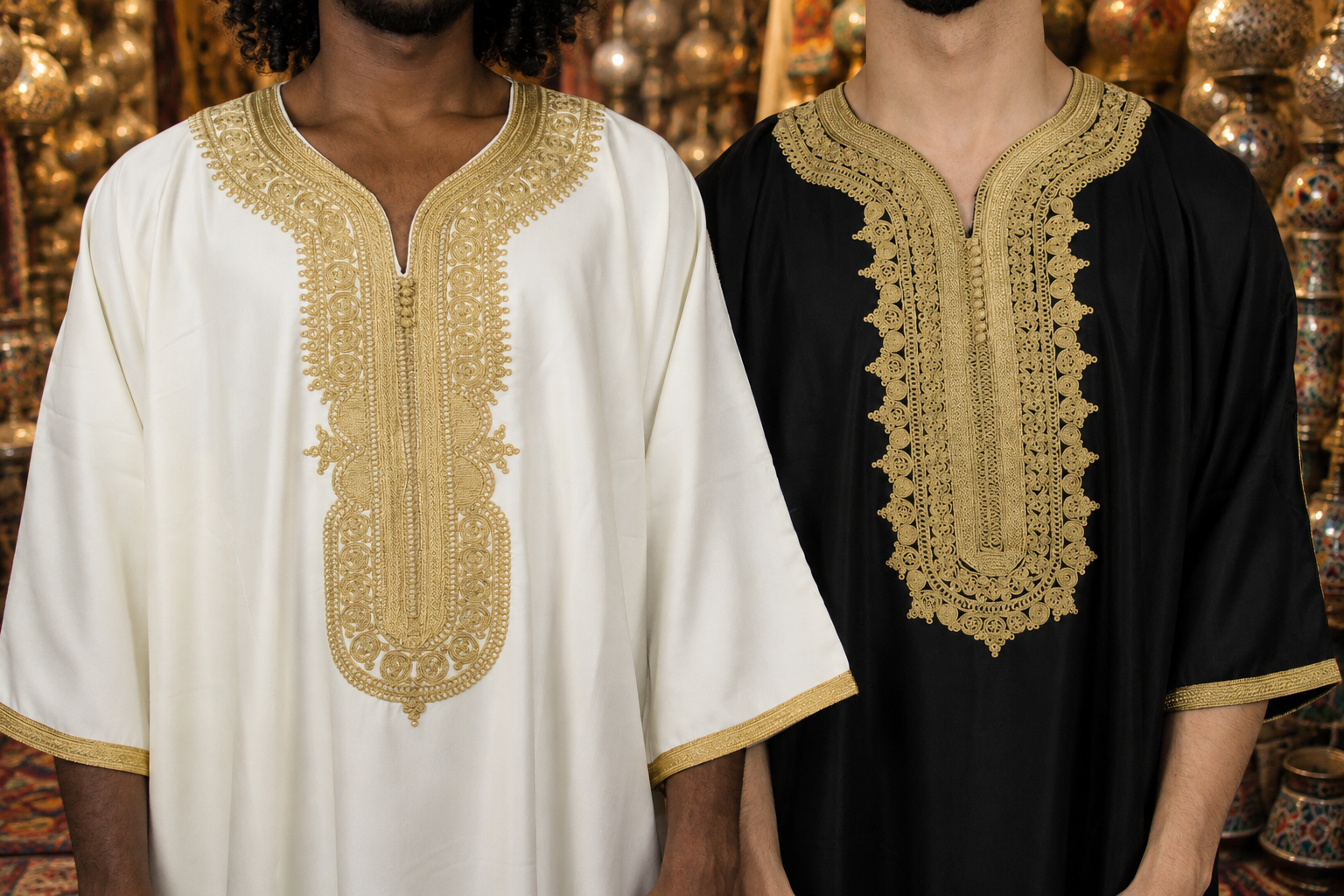Two people wearing white and black embroidered thobes in moroccan marketplace