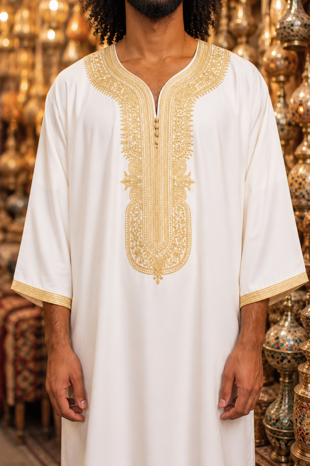 White and Gold Moroccan Gandora for Men | Traditional Djellaba Thobe