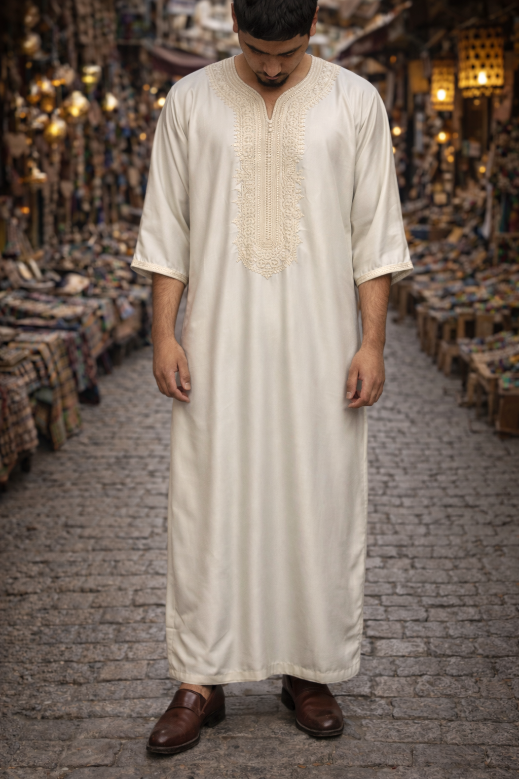 Cream Moroccan Gandora for Men | Traditional Djellaba Thobe