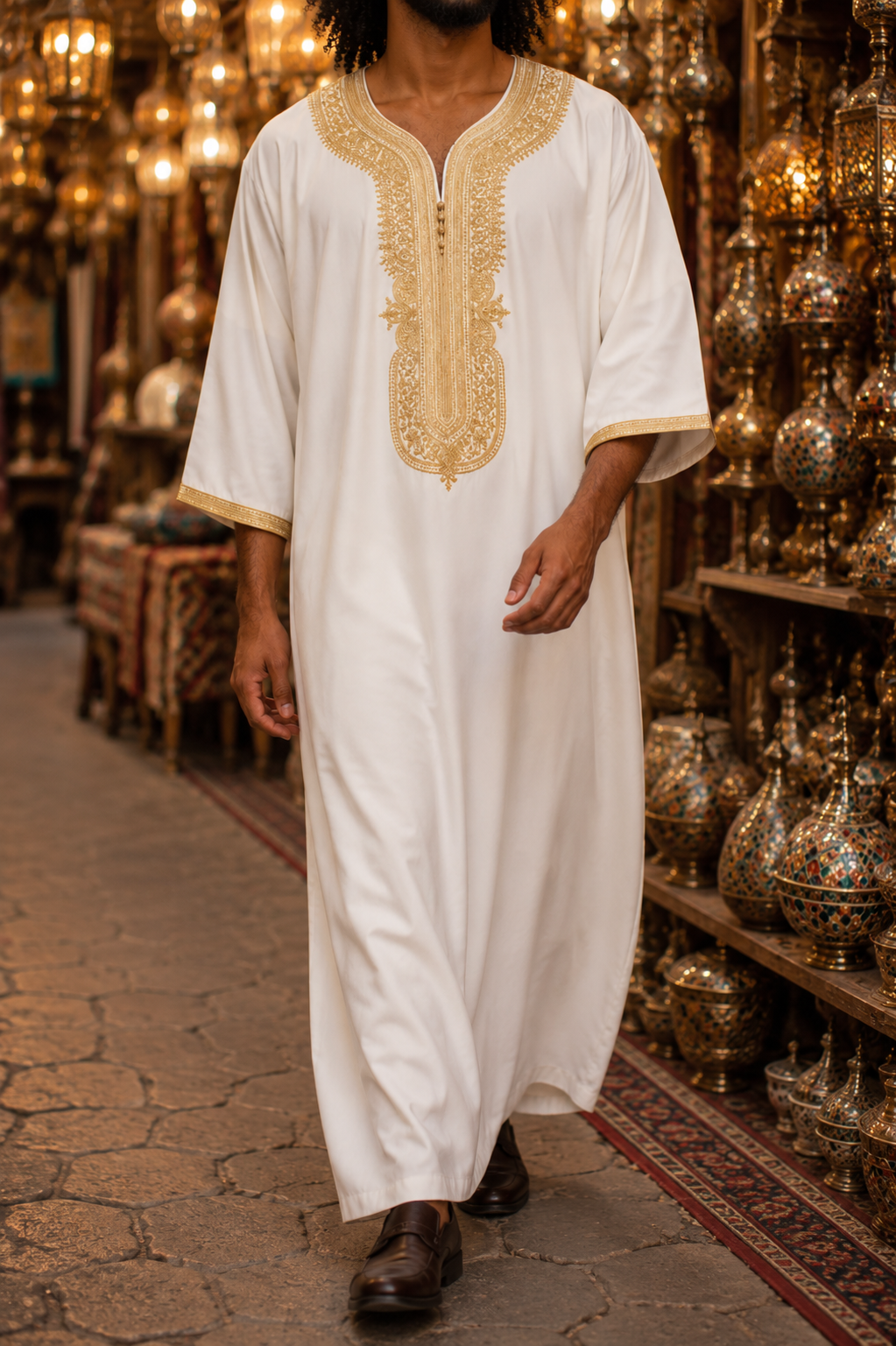 White and Gold Moroccan Gandora for Men | Traditional Djellaba Thobe