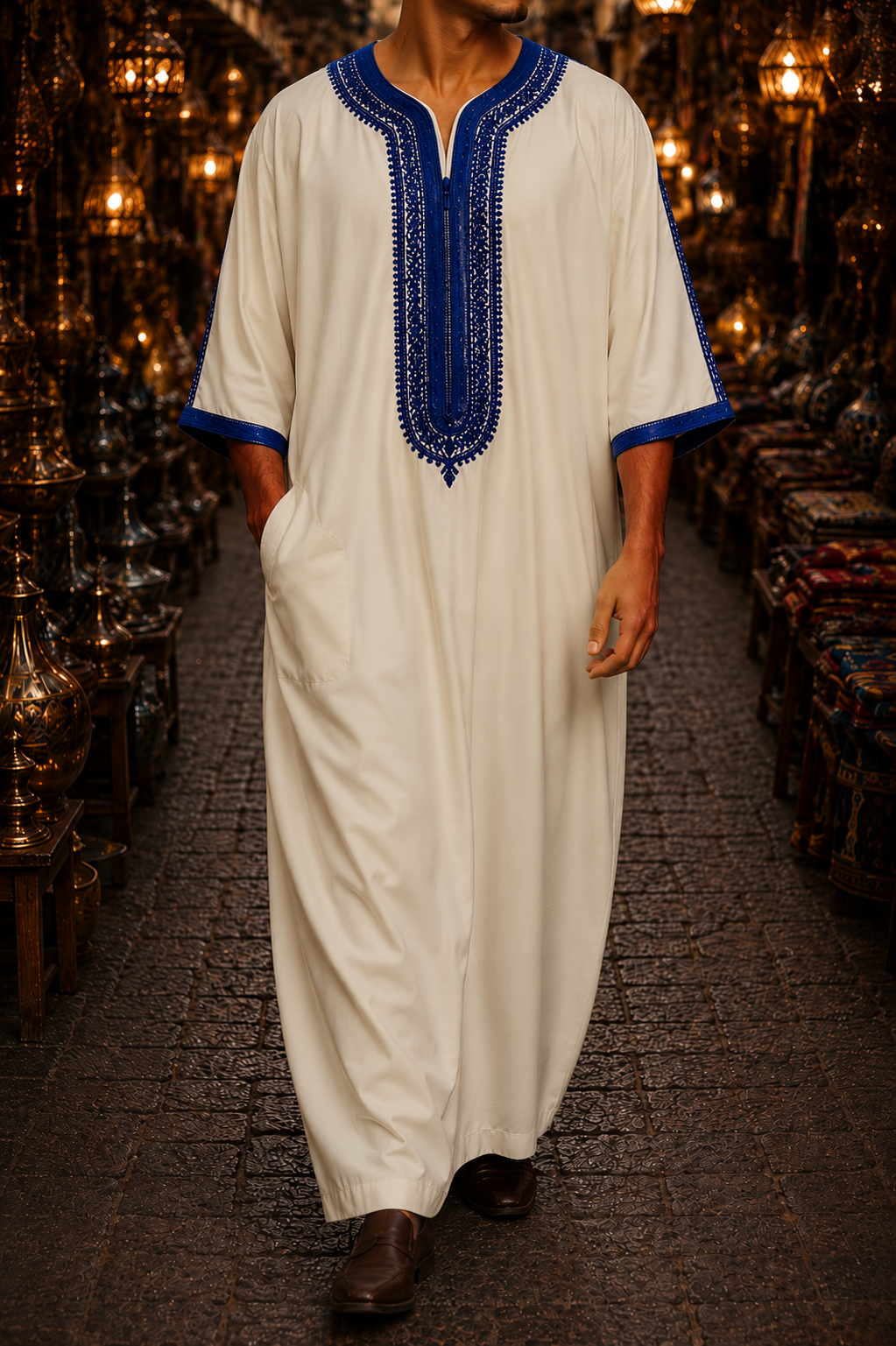 Cream and Royal Blue Moroccan Gandora for Men | Traditional Djellaba Thobe
