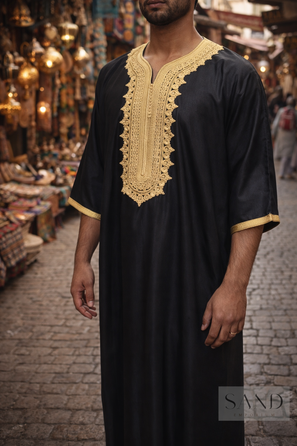 Black Moroccan gandora for men with gold embroidery djellaba thobe