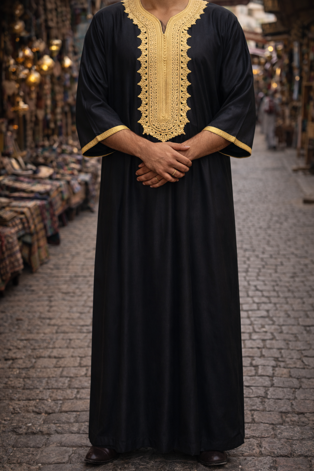 Black Moroccan gandora for men with gold embroidery djellaba thobe