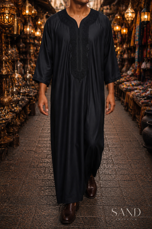Black Moroccan Gandora for Men | Traditional Djellaba Thobe