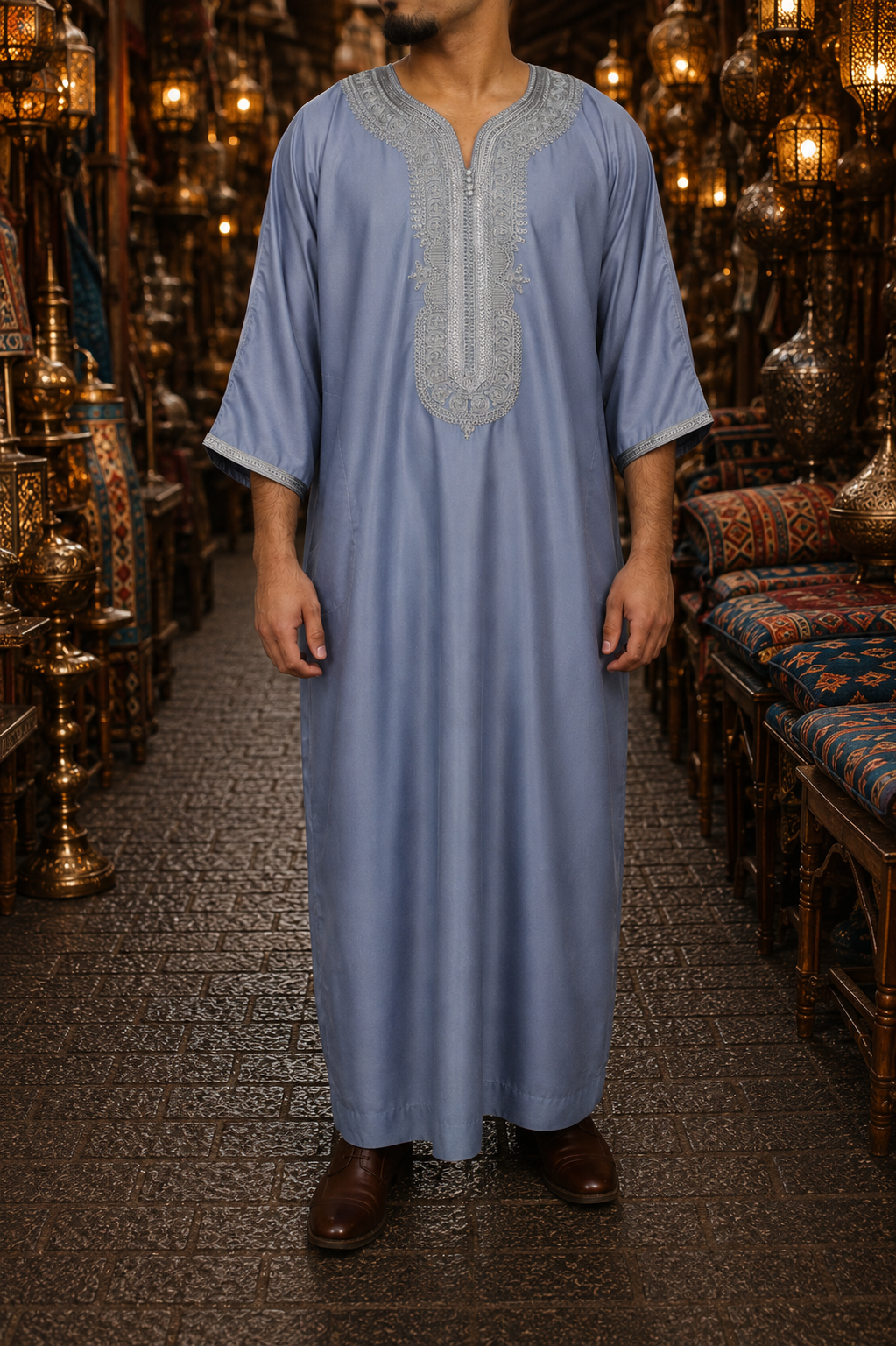 Slate Blue and Silver Moroccan Gandora for Men | Traditional Djellaba Thobe