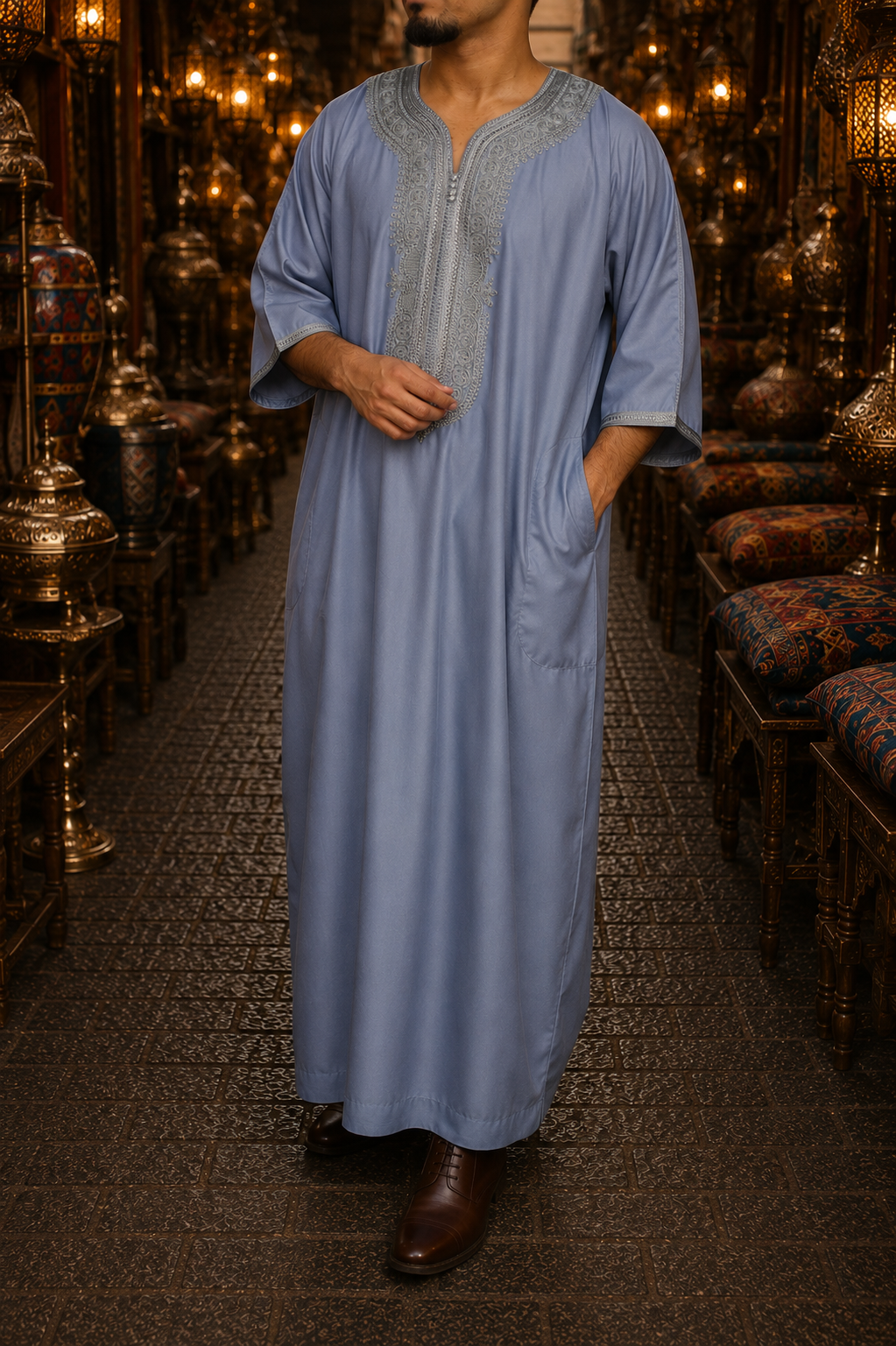 Slate Blue and Silver Moroccan Gandora for Men | Traditional Djellaba Thobe