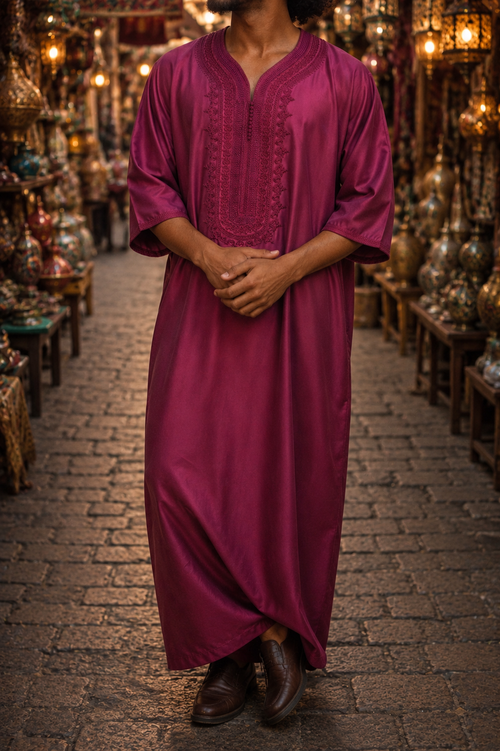 Burgundy Red Moroccan Gandora for Men | Traditional Djellaba Thobe