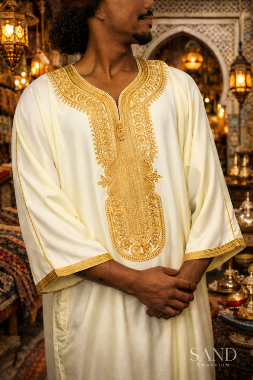 Cream Moroccan gandora for men with gold embroidery djellaba thobe