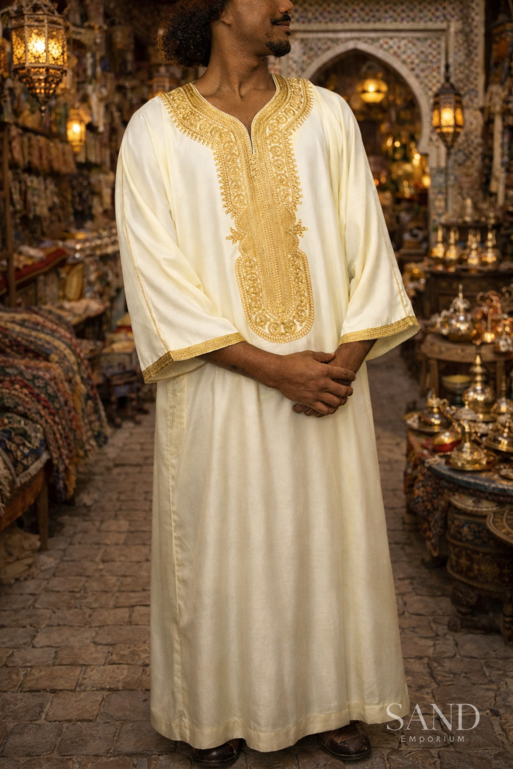 Cream and Gold Moroccan Gandora for Men | Traditional Djellaba Thobe
