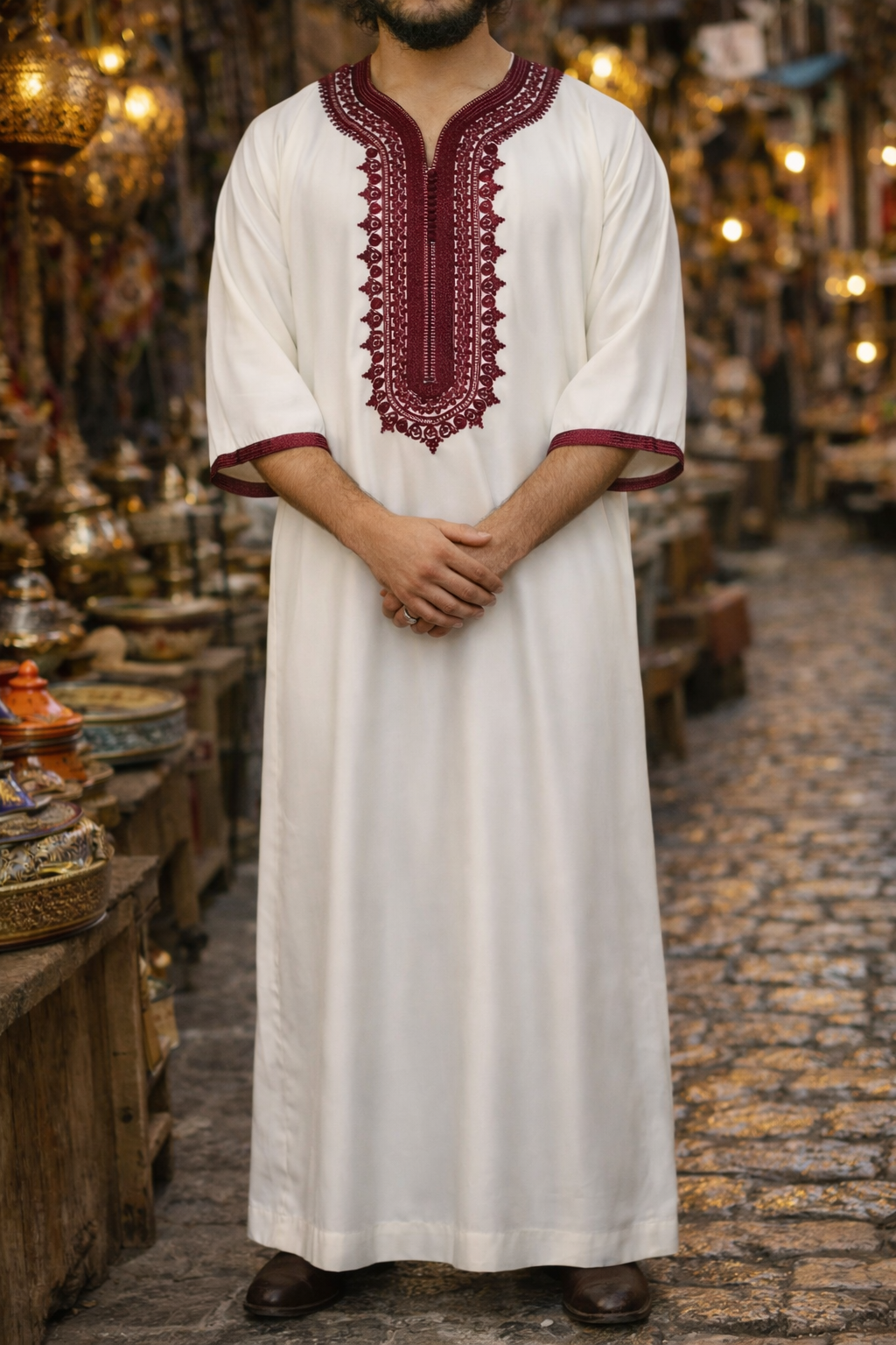 Off-White and Burgundy Moroccan Gandora for Men | Embroidered Djellaba Thobe