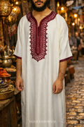 Off-White and Burgundy Moroccan Gandora for Men | Embroidered Djellaba Thobe