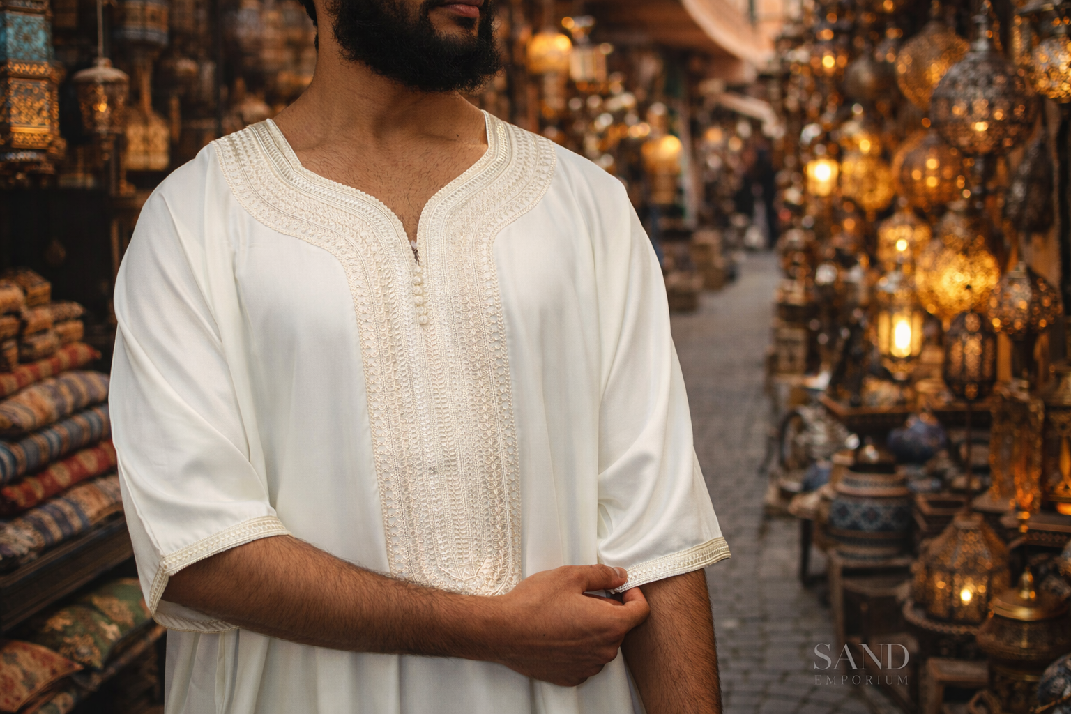 White Moroccan Gandora for Men | Traditional Djellaba Thobe
