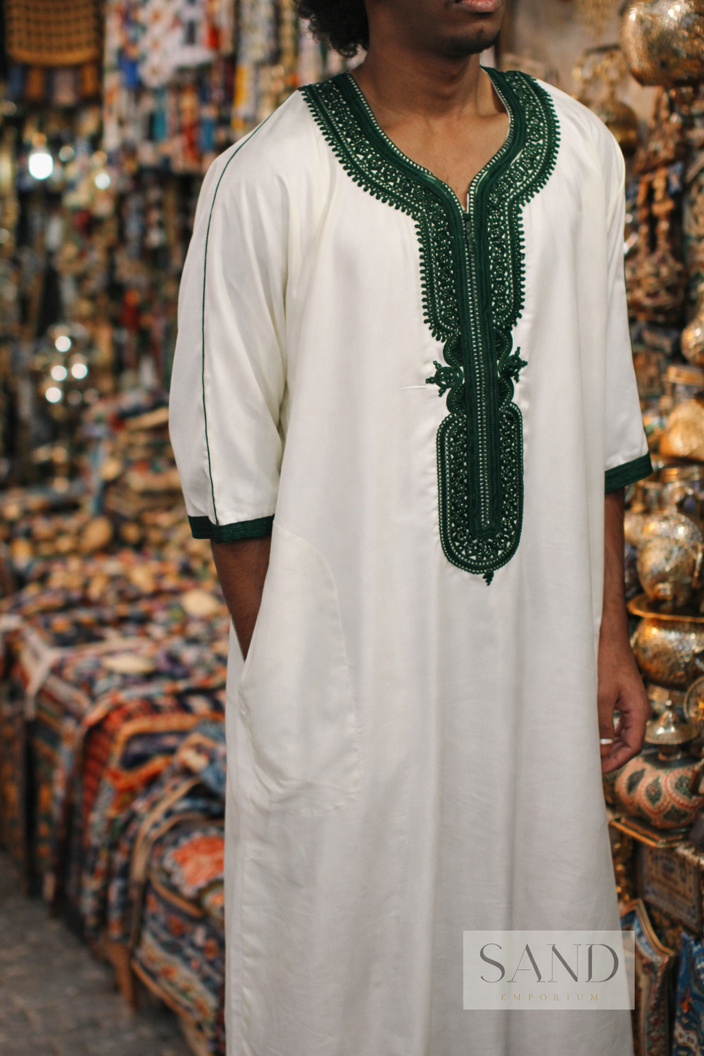 White and Royal Green Moroccan Gandora for Men | Embroidered Djellaba Thobe