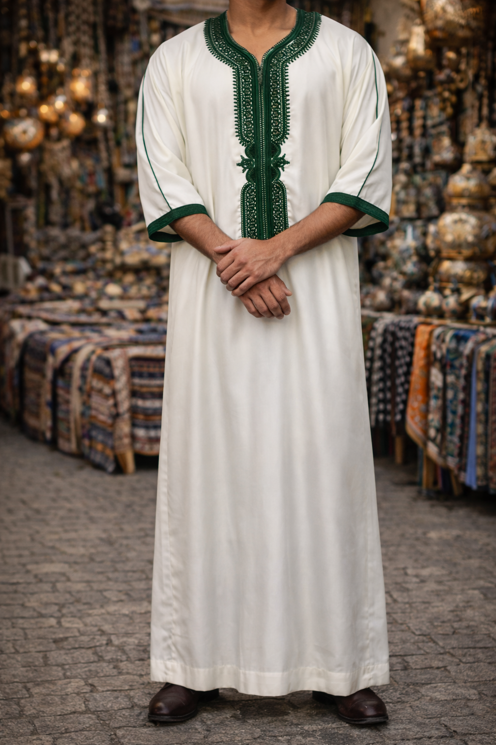 White and Royal Green Moroccan Gandora for Men | Embroidered Djellaba Thobe