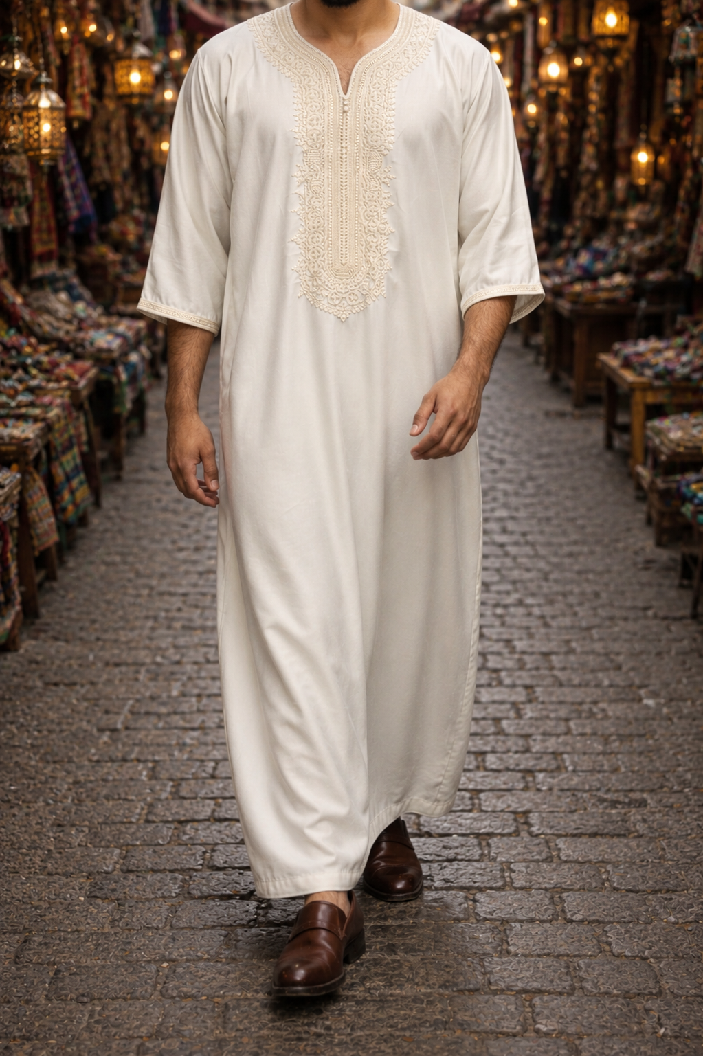 Man wearing a traditional white outfit with embroidery in a market setting