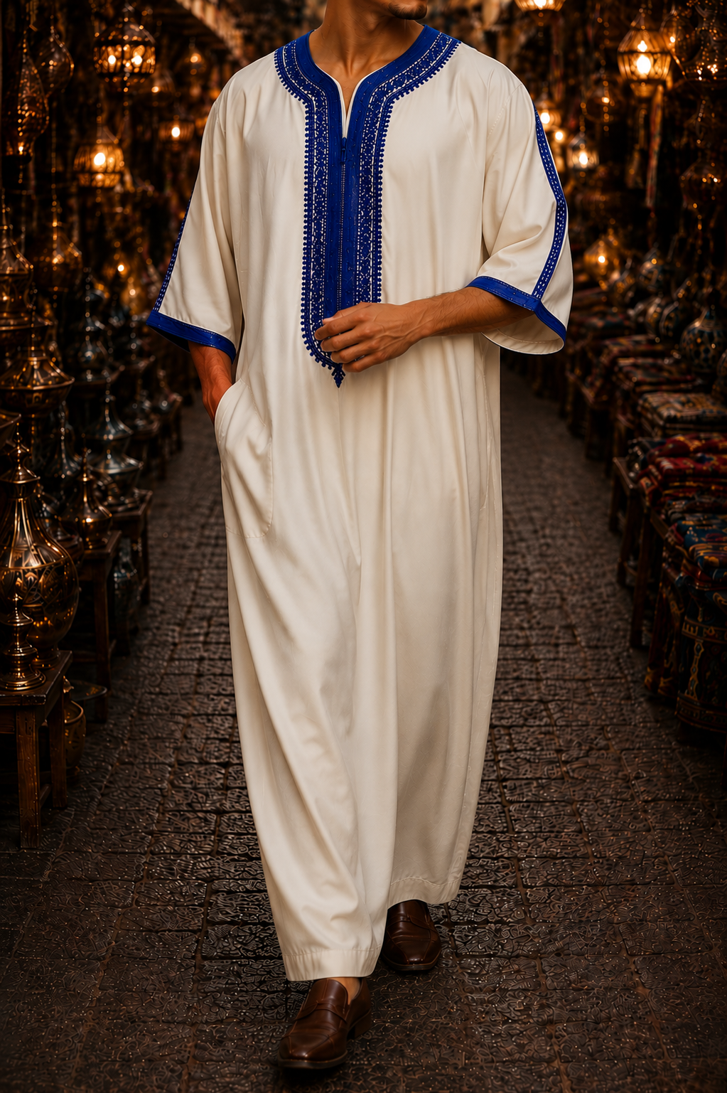 Cream and Royal Blue Moroccan Gandora for Men | Traditional Djellaba Thobe